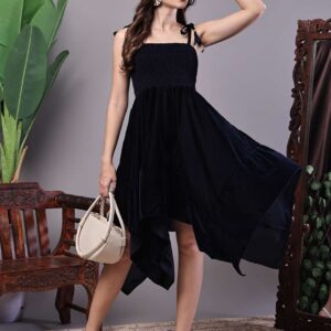 Women's Junglee Black Velvet Party Midi Dress with Asymmetrical Hemline Midi Dresses